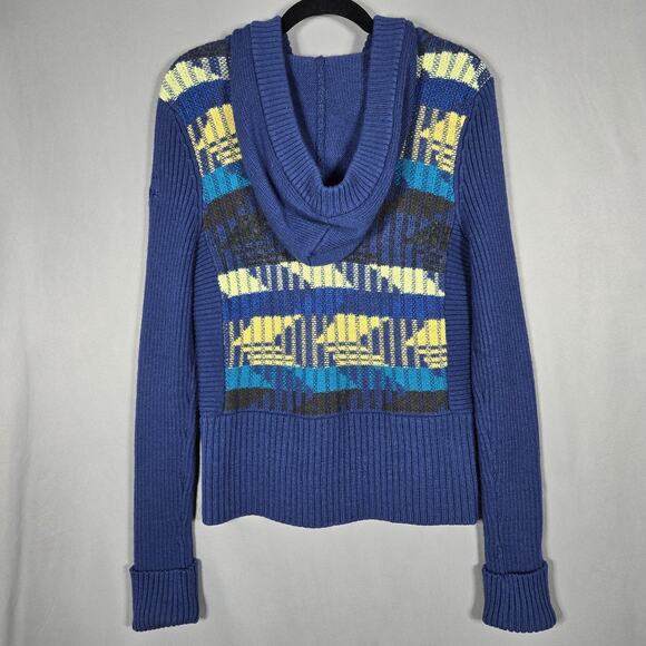 DKNY Jeans Sweater Womens L Blue Wool Blend Hooded Henley Geometric Knit Y2K VTG - Picture 6 of 9